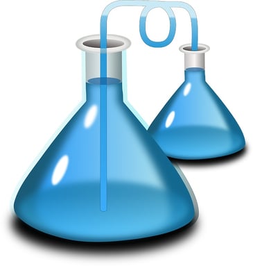 2 blue chemistry flasks - experimental innovation